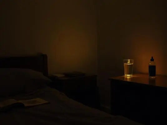 Schlafzimmer am späten Abend, gedimmtes Licht, Buch auf dem Bett, Glas Wasser und kleine Flasche auf dem Nachttisch
